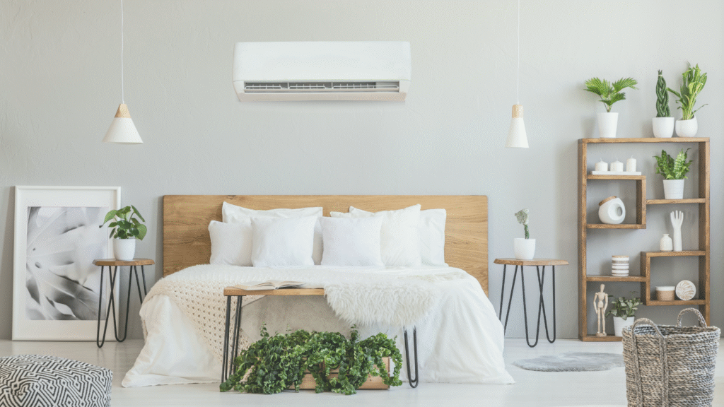 A bedroom with air conditioner, partly provided by Australian government rebates thanks to AERA application